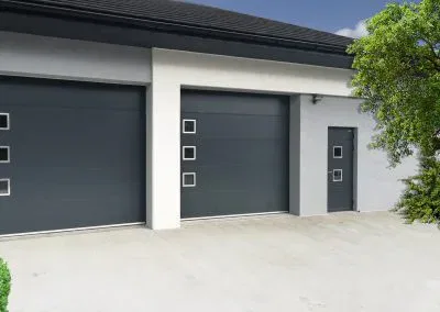 Bramy garażowe segmentowe antracytowe z nierdzewnymi okienkami